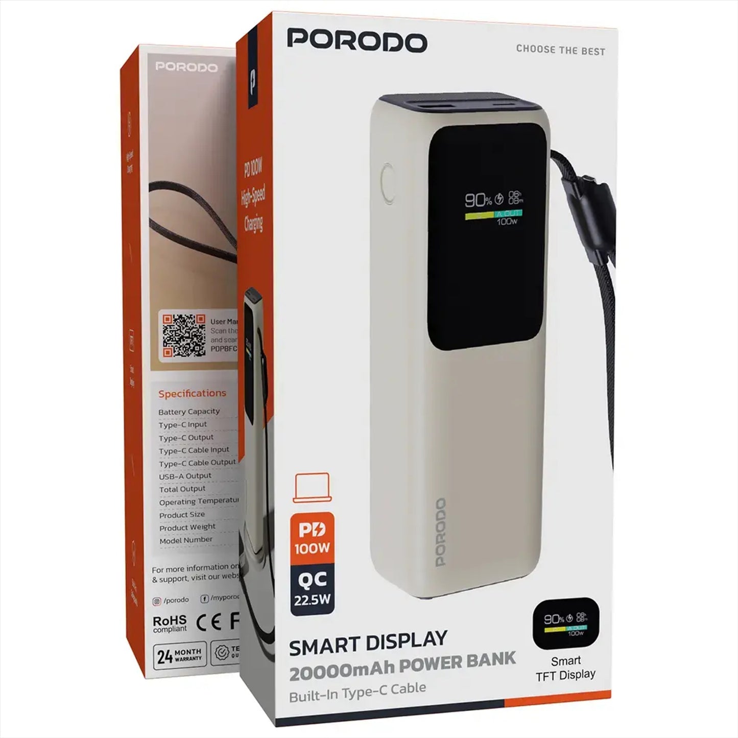 Porodo Smart Display 20000mAh Power Bank with Built-In Type-C Cable