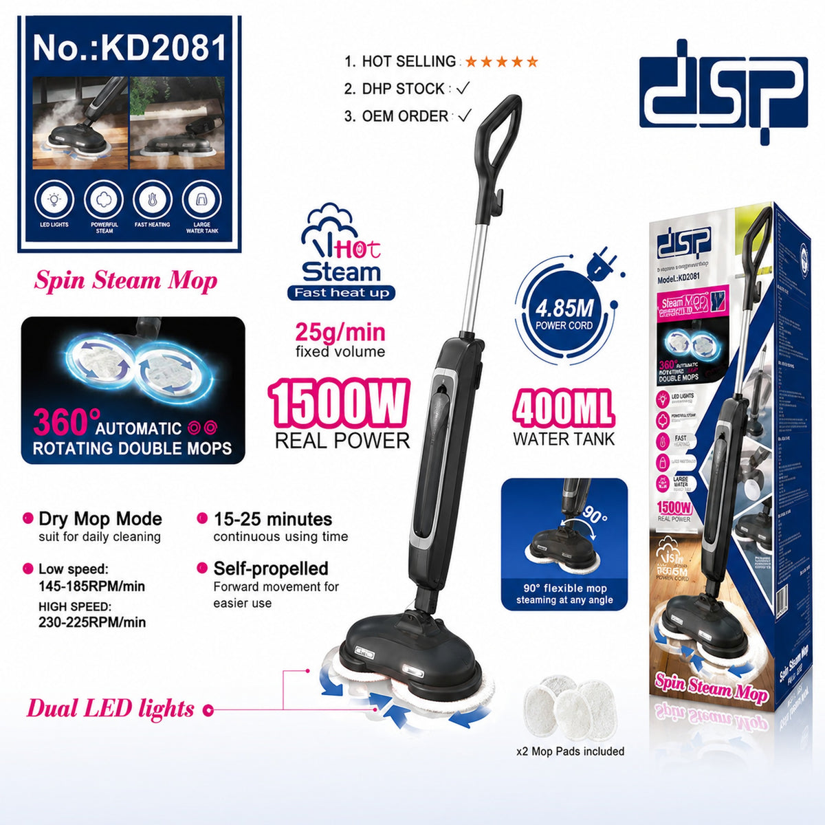 Dsp Spin Steam Cleaner with 360° Auto Rotating Double Mops 1500W - KD2081