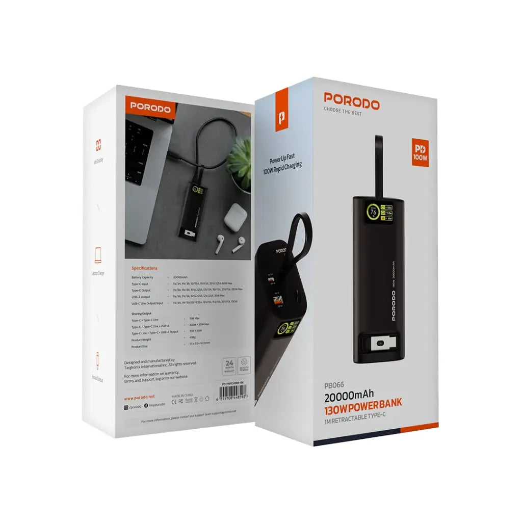 بنك الطاقة Porodo 20000mAh/130W (منفذ USB من النوع C قابل للسحب 1M) - PB066