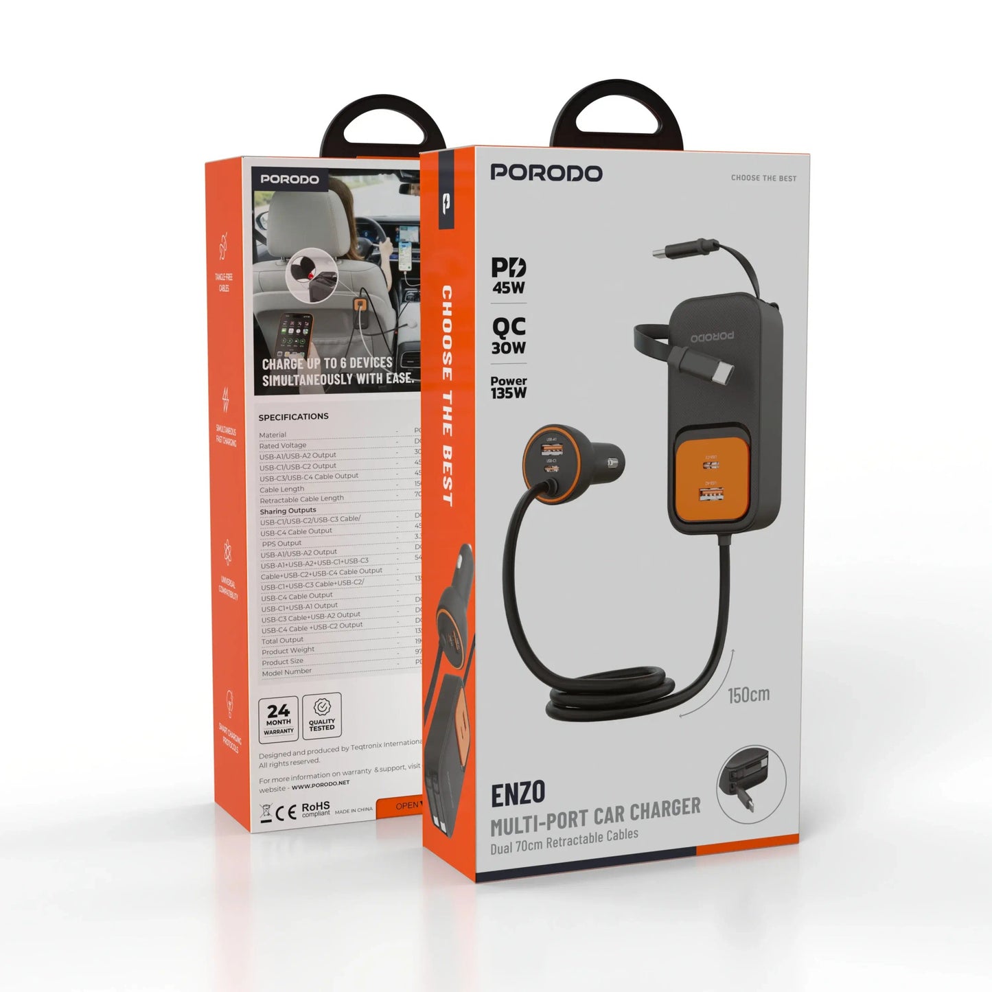 Porodo ENZO MULTI-PORT CAR CHARGER Dual 70cm Retractable Cables