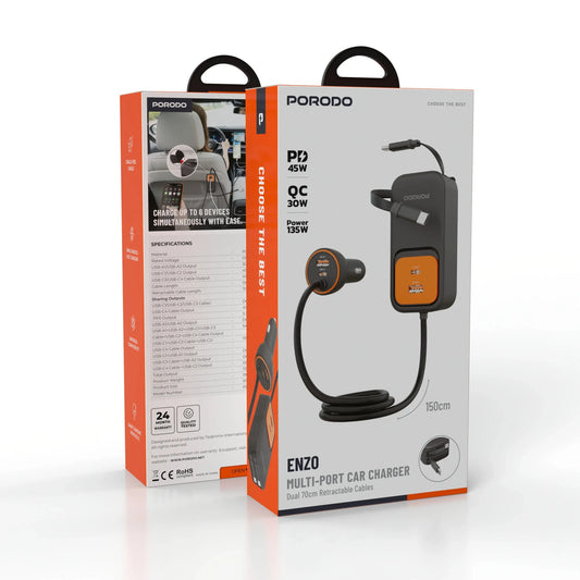 Porodo ENZO MULTI-PORT CAR CHARGER Dual 70cm Retractable Cables