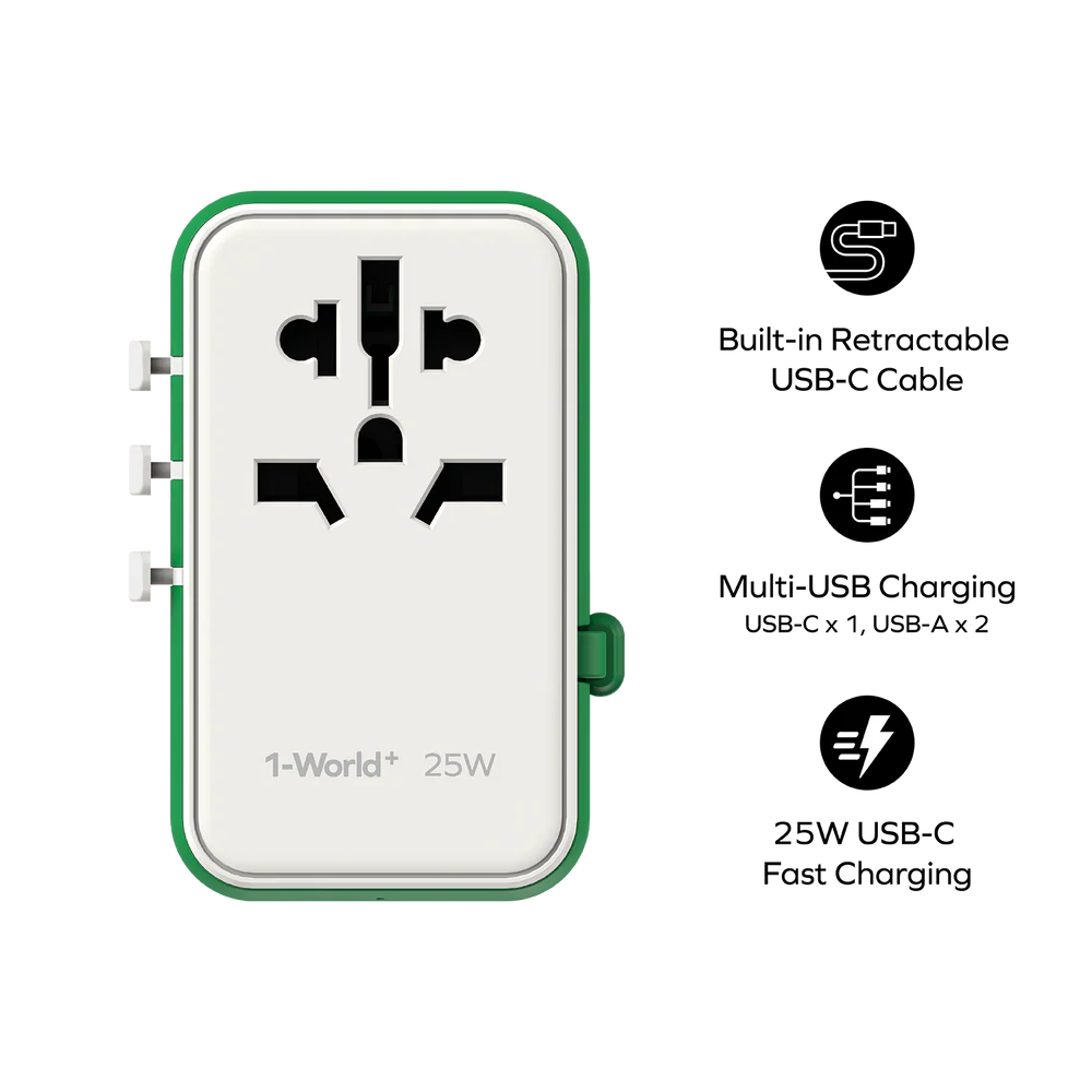 محول السفر العالمي من موماكس بقوة 25 واط مع كابل USB-C قابل للسحب