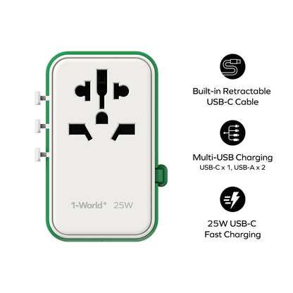 محول السفر العالمي من موماكس بقوة 25 واط مع كابل USB-C قابل للسحب