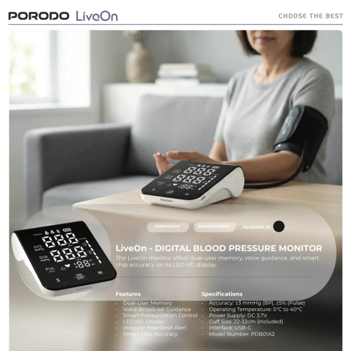 Porodo LiveOn - Digital Blood Pressure Monitor with Dual-User Memory