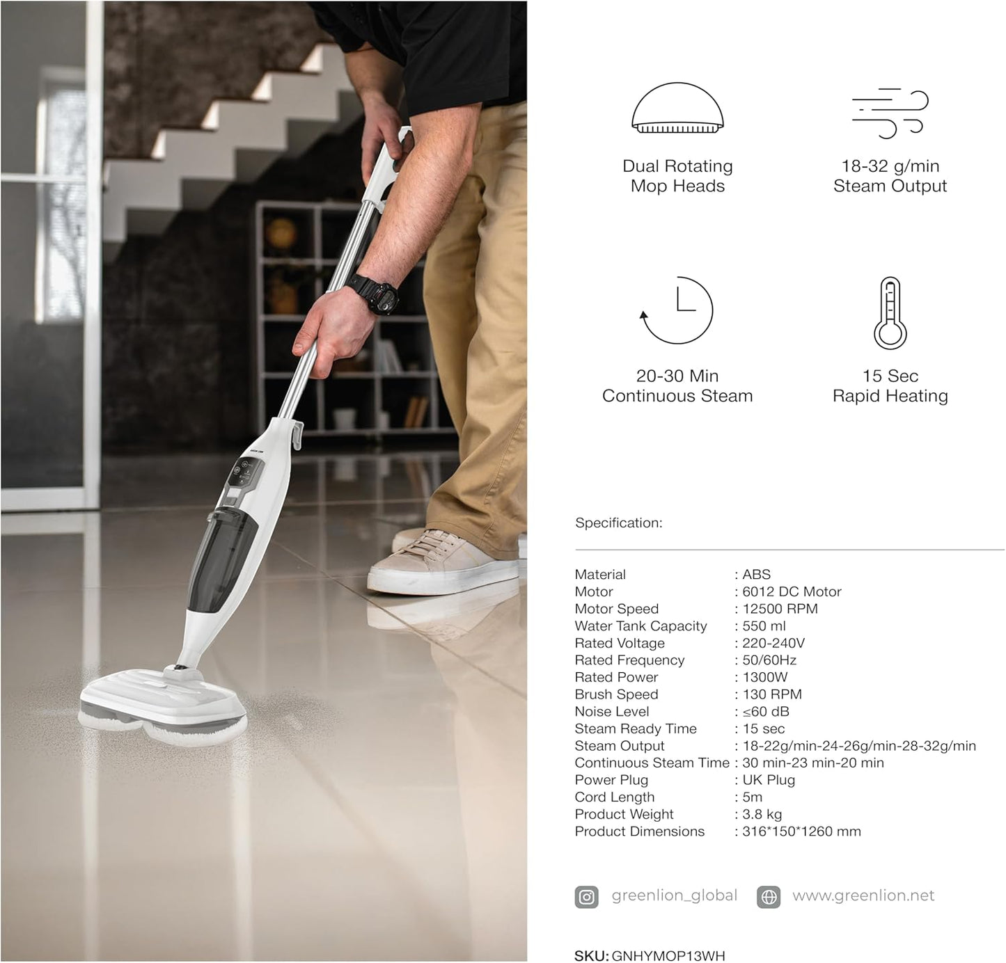 Green Lion Hydro Mop 3X Rotary Mop Cleaner 1300W