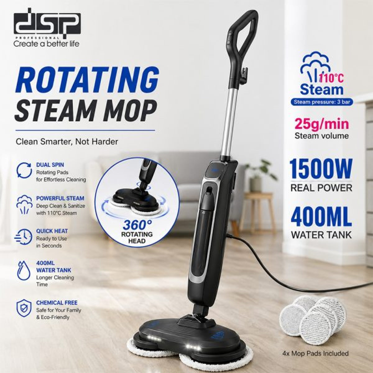 Dsp Spin Steam Cleaner with 360° Auto Rotating Double Mops 1500W - KD2081