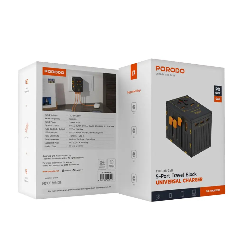 شاحن بورودو العالمي بخمسة منافذ للسفر بقوة 65 وات - FWC038