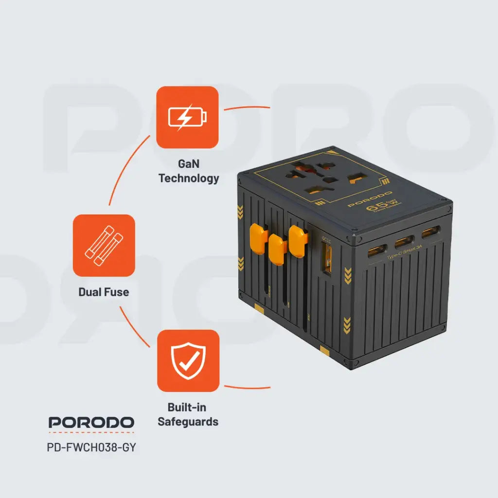 شاحن بورودو العالمي بخمسة منافذ للسفر بقوة 65 وات - FWC038
