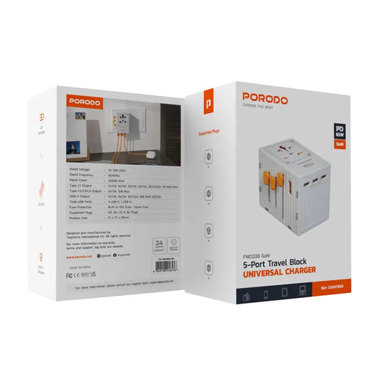 Porodo 5-Port Travel Block Universal Charger 65W - FWC038