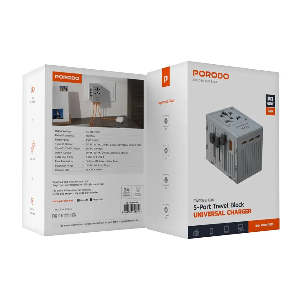 شاحن بورودو العالمي بخمسة منافذ للسفر بقوة 65 وات - FWC038