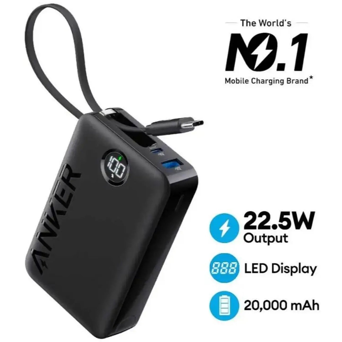 Anker Power Bank (20,000mAh, 22.5W, Built-In USB-C Cable)