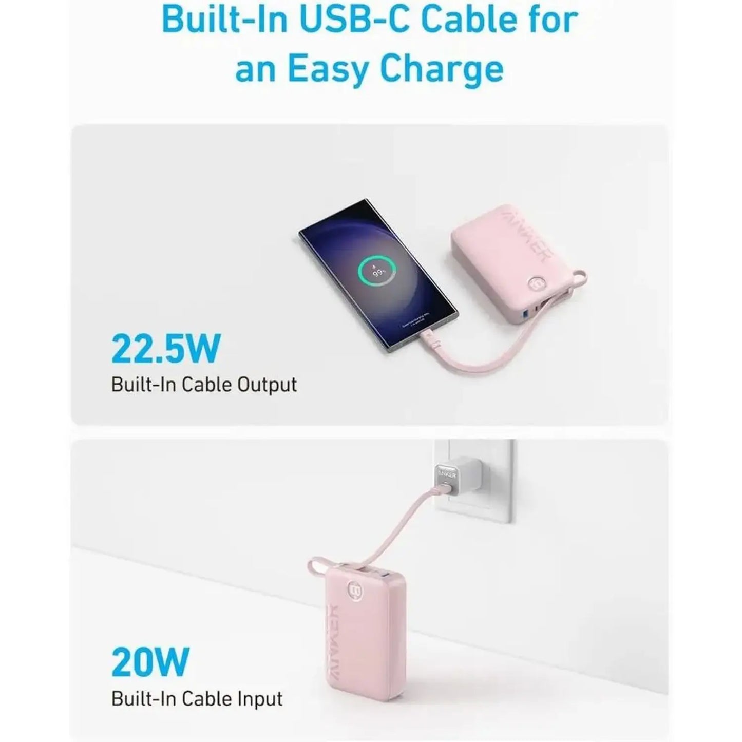 Anker Power Bank (20,000mAh, 22.5W, Built-In USB-C Cable)