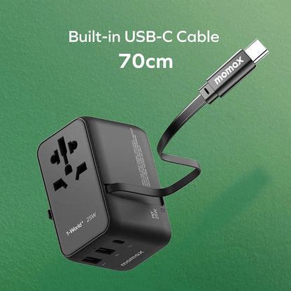 محول السفر العالمي من موماكس بقوة 25 واط مع كابل USB-C قابل للسحب